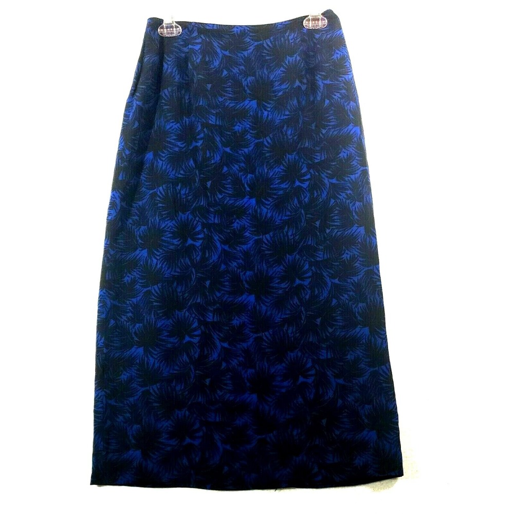 Petite Sophisticate Women 8 Skirt Blue Palm Leaves Silk Vintage Pencil Midi